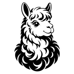 Obraz premium Black and white alpaca portrait with fluffy wool and a friendly expression, ideal for animal, farm, mascot, logo, tattoo, or decorative design.