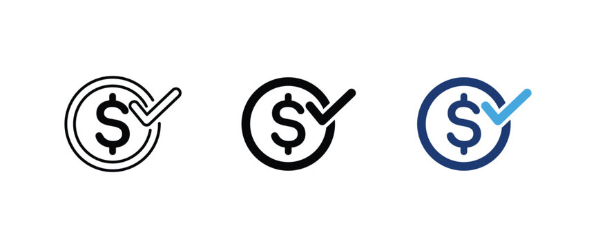 Payment confirmation icon, Dollar coin with checkmark symbol, Successful transaction approved money graphics, Vector illustration