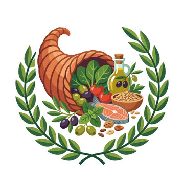 Cornucopia overflowing with Mediterranean diet staples like fish and olive oil represents abundance.