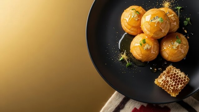 Macro detail of golden Baursak fried dough puffs with honey gel, edible gold, and micro-mint, featuring dried honeycomb and a traditional felt textile in the corner against a deep gold background 
