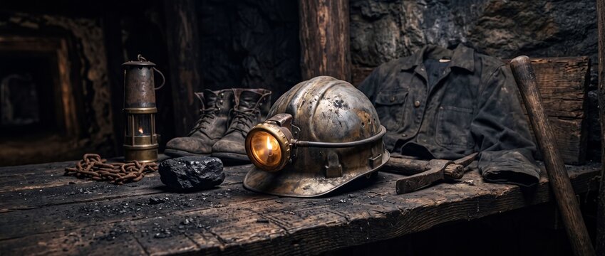Miner helmet with glowing lamp on wooden table. Coal mining equipment in dark underground.