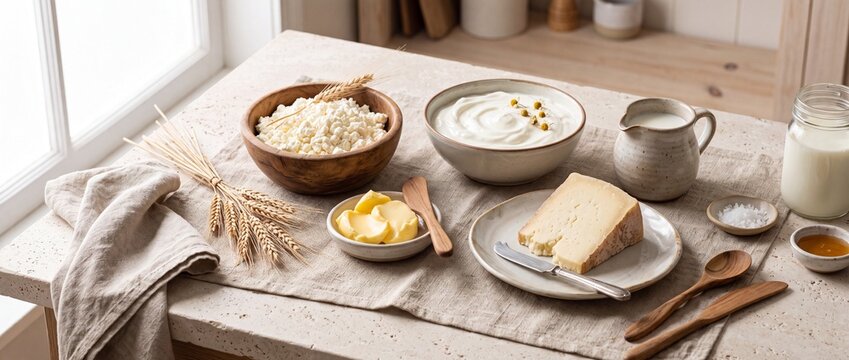 Fresh dairy products on a rustic table. Organic milk, cheese, butter and cottage cheese.