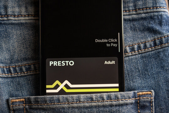 Close up of PRESTO card in digital wallet. Toronto, Canada - July 24, 2026.