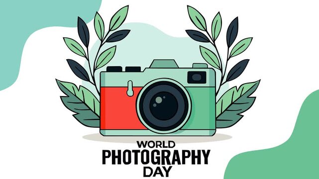 Modern World Photography Day background featuring a retro camera surrounded by botanical leaves
