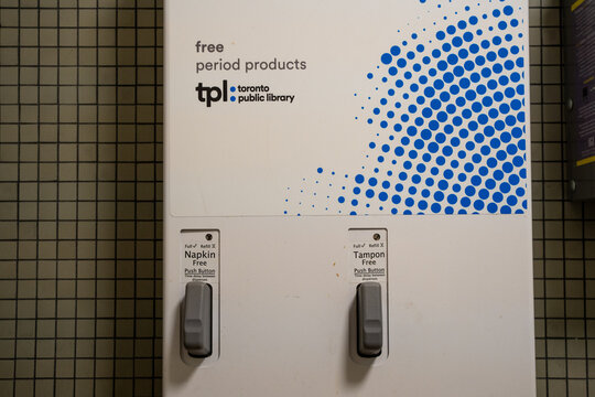 Free period product dispenser at Toronto Public Library. Toronto, Canada - July 24, 2026.