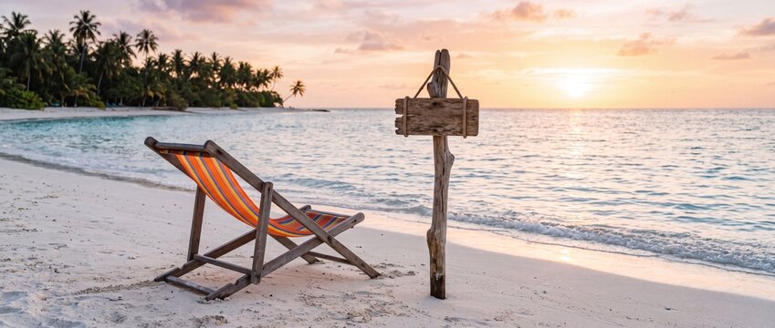 Empty beach chair at sunset. Tropical island paradise with wooden sign on sandy shore.