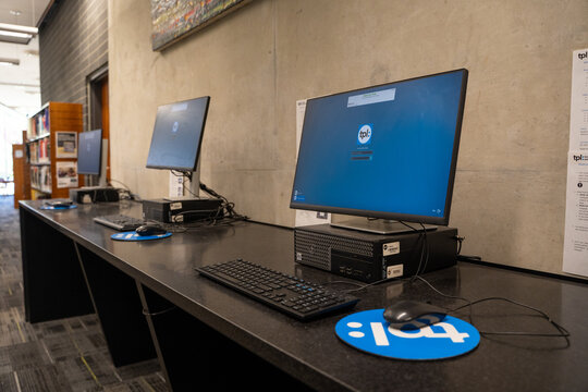 Public computer workstations inside Toronto Public Library. Toronto, Canada - July 24, 2026.