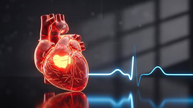Glowing 3D human heart model with blue ECG heartbeat line