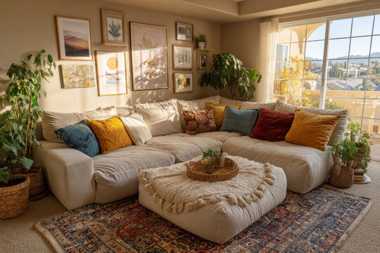 Bright airy bohemian living room with cream sectional sofa colorful pillows and gallery wall in golden sunlight