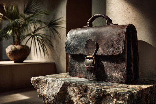 Vintage dark brown leather briefcase with brass buckle displayed on a stone surface in a moody architectural interior