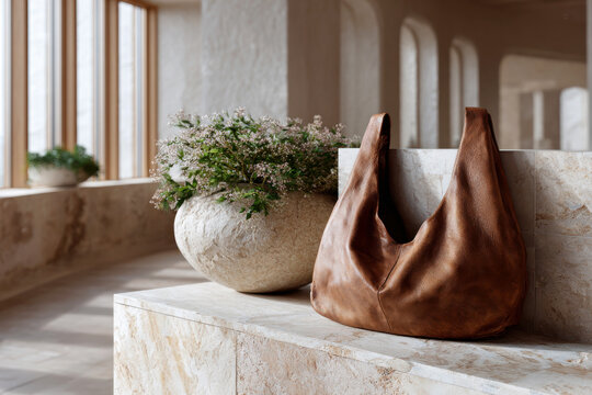 Soft brown leather hobo bag leaning against a marble surface next to a stone vase with flowers in a bright room