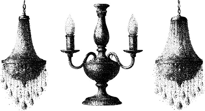 Ornate candelabra with two hanging chandeliers on white backdrop
