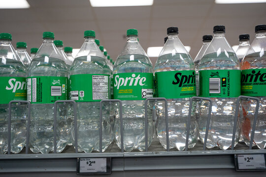 Sprite bottles displayed on supermarket shelf. Toronto, Canada - July 24, 2026.