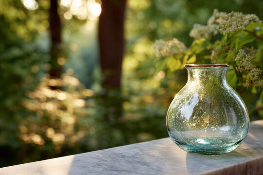 Handcrafted recycled glass vase with bubble inclusions on a marble ledge in a golden hour garden setting
