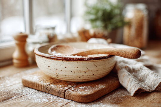 Rustic ceramic bowl with flour and a wooden spoon on a cutting board in a cozy kitchen by a window