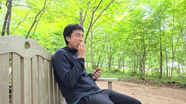Man sits quietly on park bench. He gazes at hand, then lifts it slightly. Soft green trees surround him. Distant view shows tranquil forest. He appears calm and reflective
