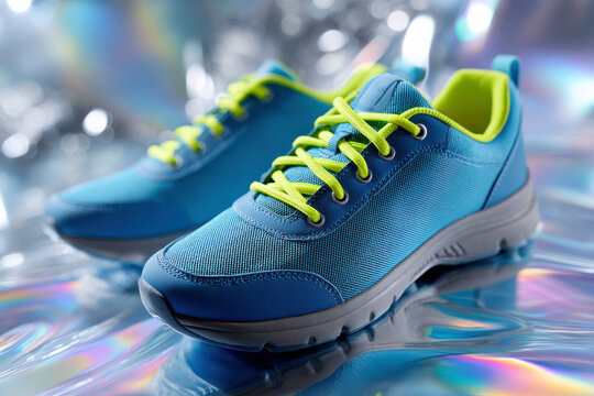 Blue athletic sneakers with neon yellow-green laces displayed on a reflective iridescent surface