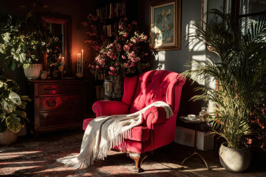 White wool throw blanket draped over a red velvet wingback armchair in an opulent botanical living room