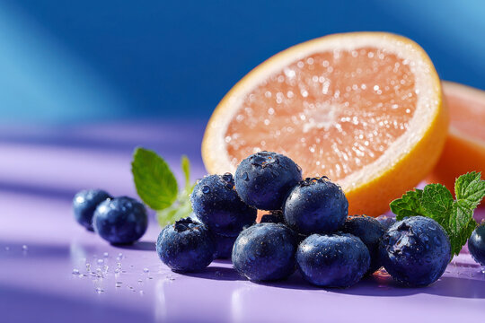 Blueberries with water droplets and a halved orange with mint leaves on a purple surface