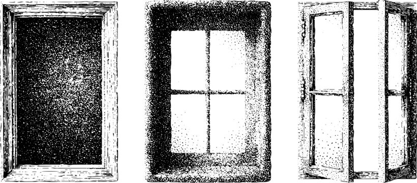 Set of wooden window frames showing closed and open positions