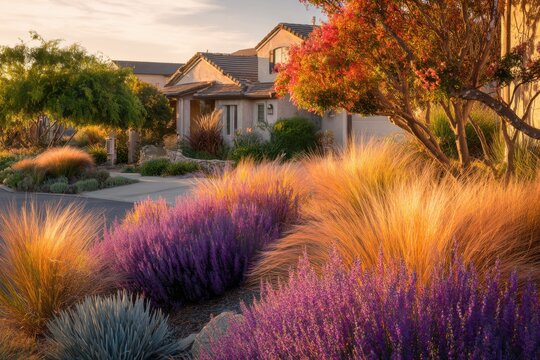 A charming house sits on a peaceful street, enveloped by vibrant plants that thrive in the late afternoon light, as soft sunlight casts a warm glow over the flourishing garden