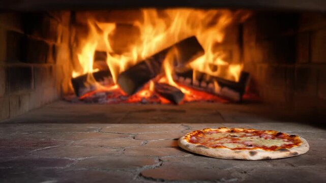 薪窯の石床で焼きたてピザの生地とチーズが艶めき奥の薪と熾火の炎が柔らかな陰影と温もりを作る場面