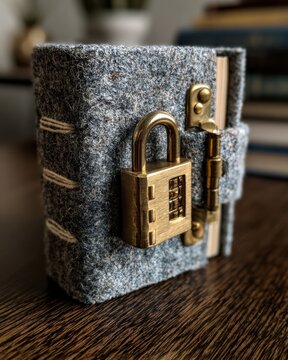 A brass lock secures a notebook with a blank cover on a dark wood desk. Books are arranged in the background during studio photography.