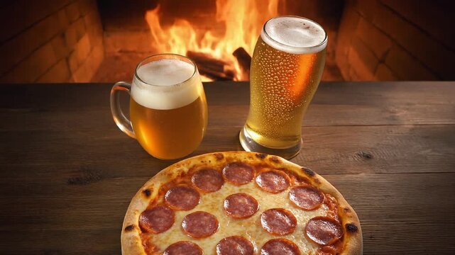 木製テーブルに焼きたてペパロニピザと黄金色のビールが並び泡と炭酸や溶けたチーズが暖かな光に輝く場面