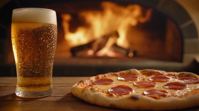 木製テーブルの泡立つ黄金色ビールと焼きたてペパロニピザを薪窯の炎が照らし結露とチーズの艶が輝く場面