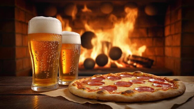 琥珀色のビールと焼きたてペパロニピザが並び薪窯の炎と暖かな光が白い泡やチーズとソースを輝かせる場面