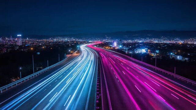 夜の都市高速道路で青とマゼンタの光跡が力強く曲がり高層ビルの遠方へ幻想的に伸びる