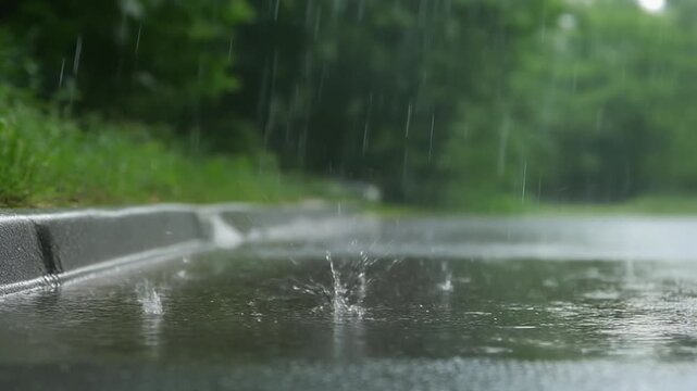 道路脇の縁石へ斜めの雨粒が降り注ぎ濡れた路面で飛沫が弾け緑の植栽が柔らかくぼける