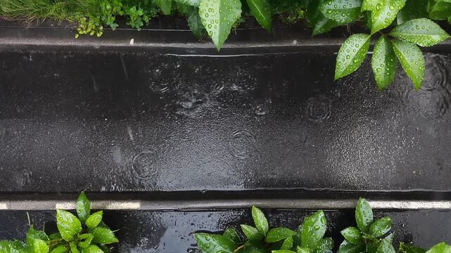 雨に濡れた黒い舗装路と縁石と緑の植栽に水滴が輝き飛沫と波紋が湿った道路脇へ広がる