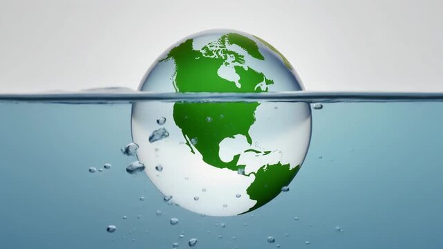透明なガラス球に緑の地球と澄んだ水が半分収まり大小の気泡と反射が静かな環境保全を象徴する