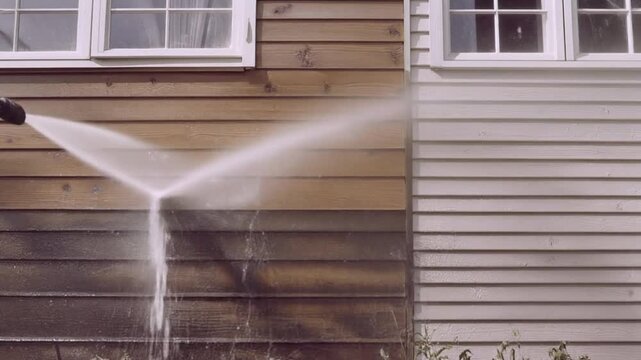 高圧洗浄ノズルの白い水流が木目調の住宅外壁へ当たり汚れを落として濡れた表面と窓枠を輝かせる