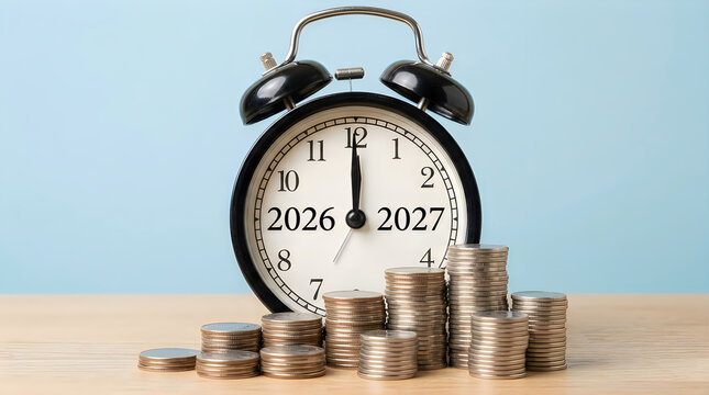 A vintage alarm clock marking the transition between the years 2026 and 2027 accompanied by several stacked piles of metal coins on a wooden surface