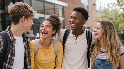 Obraz premium Group of diverse students laughing together outdoors. Happy young friends walking and talking in urban setting with backpacks