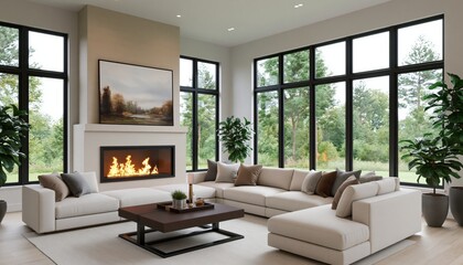 Obraz premium Interior design of a modern luxury living room with a sofa fireplace and windows