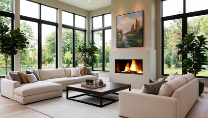 Obraz premium Interior of a bright luxury living room with modern fireplace and large windows