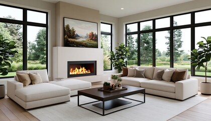 Obraz premium Living room interior with modern design furniture and fireplace in a luxury house