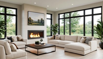 Obraz premium Interior design of a modern living room with luxury sectional sofa and fireplace