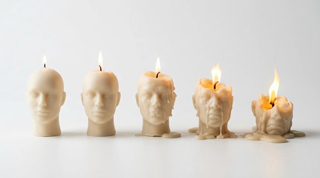 Conceptual sequence of human head shaped candles melting over time symbolizing the transient nature of life and thoughts