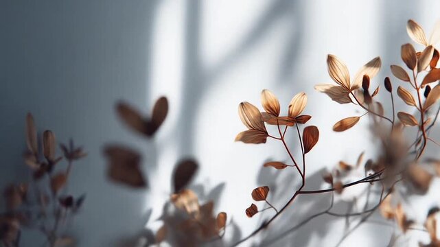 Minimalist dried leaves casting shadows on a sunny white wall
