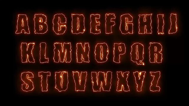 Animated burning fire alphabet with glowing molten letters on black background. Fiery typography for titles, intros, gaming, horror and cinematic motion graphics
