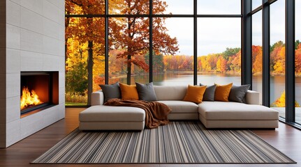 Obraz premium Interior of a modern living room with a fireplace and scenic autumn lake view