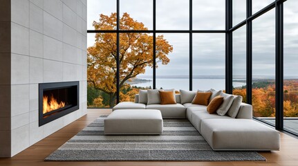 Obraz premium Interior of a modern living room with luxury sectional sofa and fireplace window