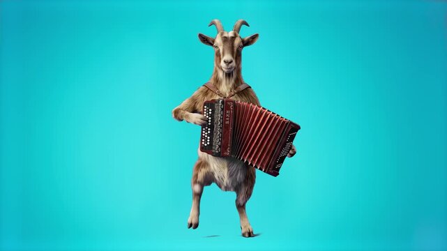 A cheerful 3D goat standing and playing a red accordion musical instrument against a bright cyan studio backdrop. Excellent for folk music promos, country themes, humorous marketing media, and creativ