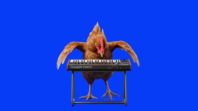 Humorous 3D render of a brown chicken rooster standing and playing an electronic synthesizer keyboard, isolated on a solid bright blue background. Ideal for music promos, comedy video clips, synthwave
