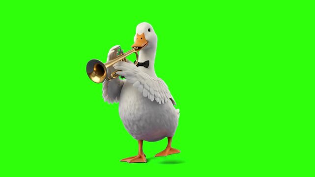 Charming 3D model of a white duck wearing a black bowtie while playing a golden brass trumpet, isolated on a bright green screen chroma key background. Perfect for jazz music promos, funny video compo