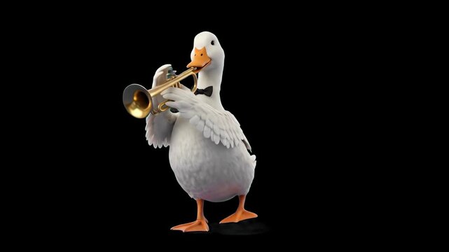High-contrast 3D render of a white duck wearing a black bowtie while playing a brass trumpet, isolated against a solid pitch-black background. Great for cinematic jazz promos, high-contrast video over